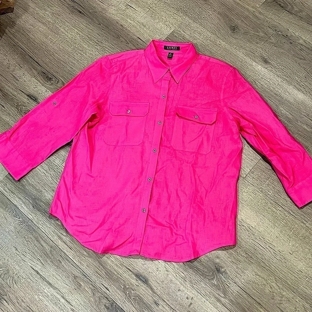 Women’s XL 100% Linen Pink Button Front Beach Vacation Lightweight Classic Shirt - Picture 1 of 9
